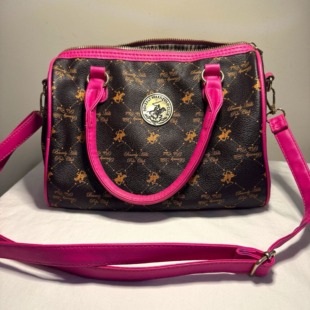 Beverly Hills Polo Club Brown Logo Satchel Top Handle Zip Bag Pink Strap